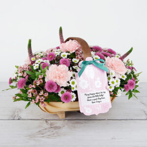 Birthday Flower Trug with Pink Wax Flowers, Veronicas, Santini and Carnations